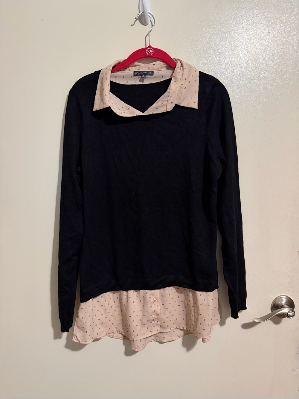 Adrianna Papell Black Sweater with Cream Printed Faux-Layered Blouse